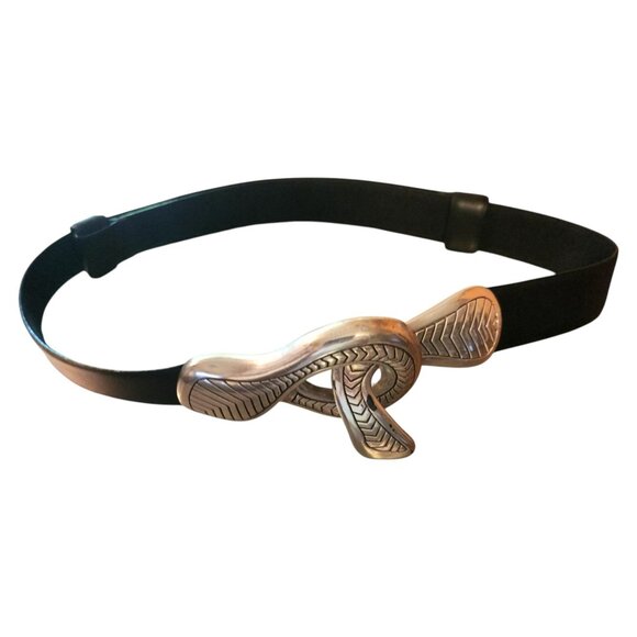 Vintage Chico's Silver Snake Buckle Black Vegan Leather Belt Adjustable - Picture 3 of 5